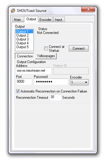 Shoutcast source - Output, Connection