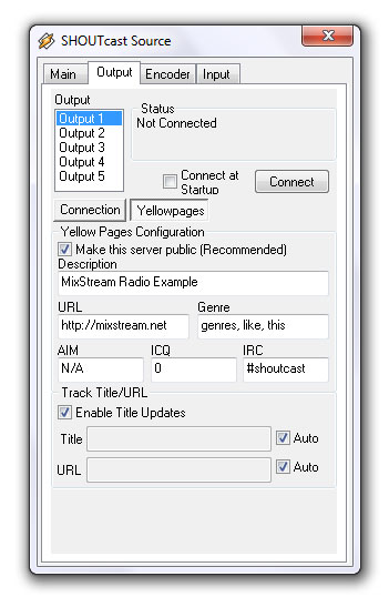 Shoutcast source - Output, Yellowpages